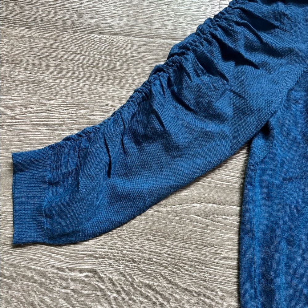 Veronica Beard Kase Wool Cropped Blue Ruched Sleeve Sweater, Size: Small - Picture 3 of 8
